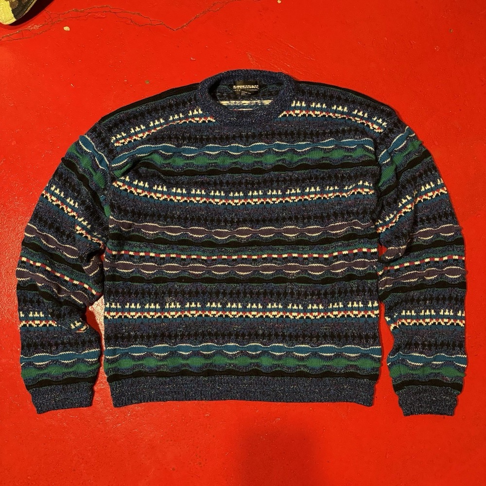 Vintage Expressions International Sweater Mens XL multi color 3D Knit 80s Vtg